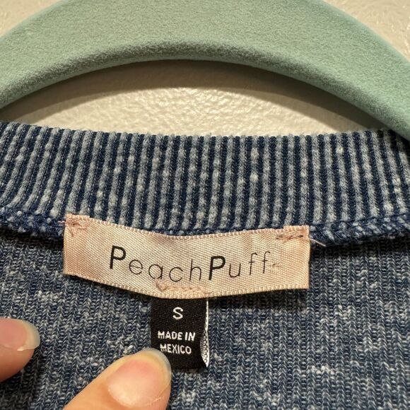 Peach Puff Top Blue Cropped Long Sleeve Ribbed Basic Stretch Tie Women sz Small - Picture 4 of 7